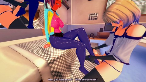 El femboy siente su erección contra las piernas de ella en una fantasía de anime