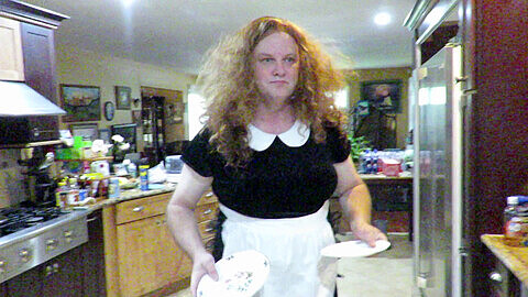 Sissy maid training, redhead, washing dishes
